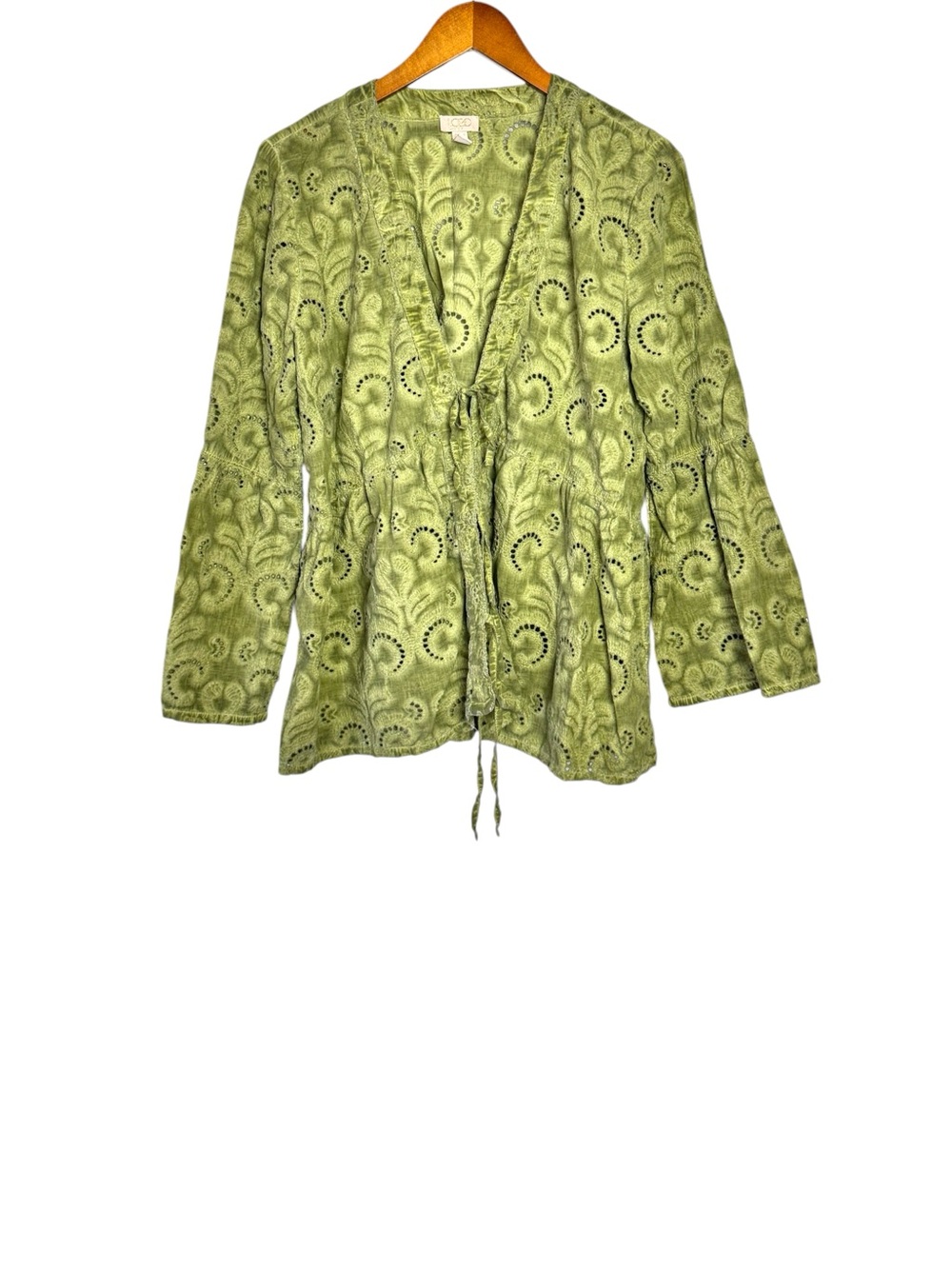 LOGO Lavish by Lori Goldstein Eyelet Lace Tie-Front Cardigan in Green Size L